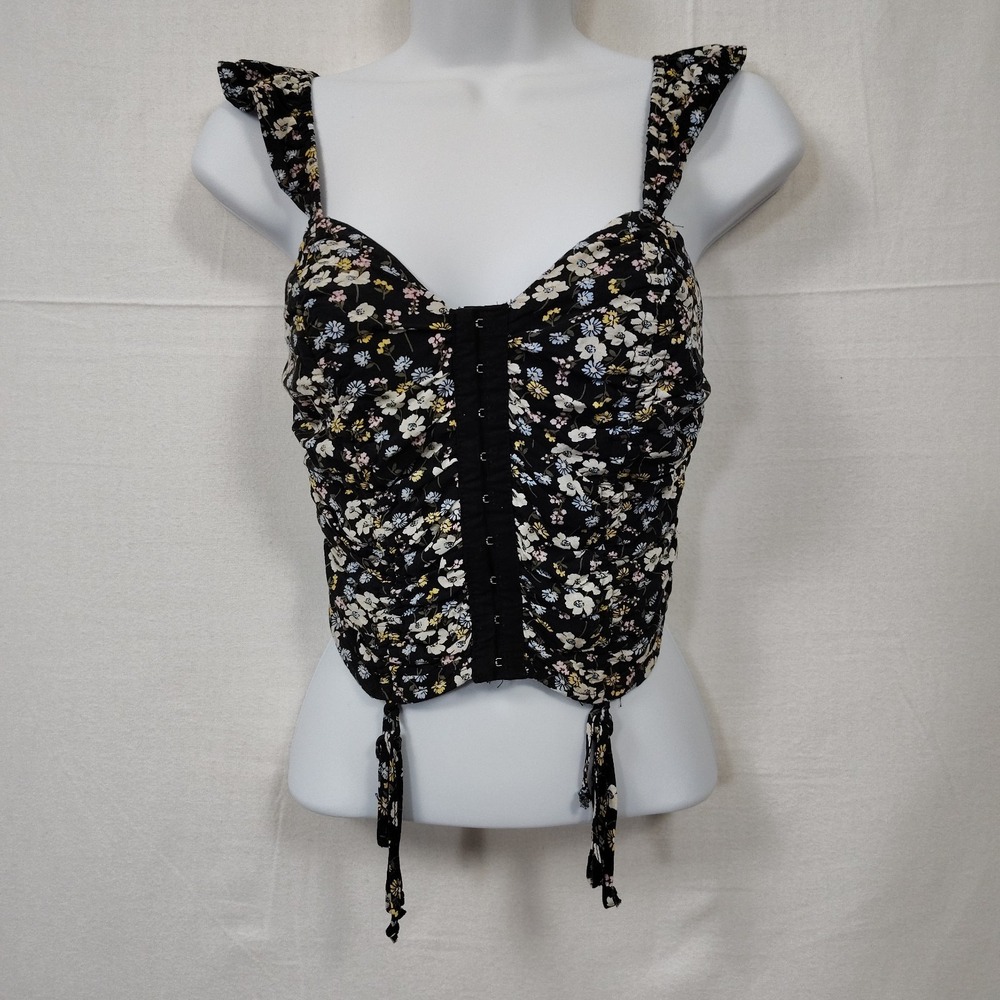 Corset Top Medium Dark Floral Butterfly Ruched Crop Bustier Smocked Back‎
